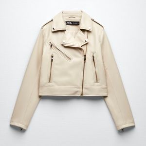 Zara Ecru Faux Leather Biker Jacket